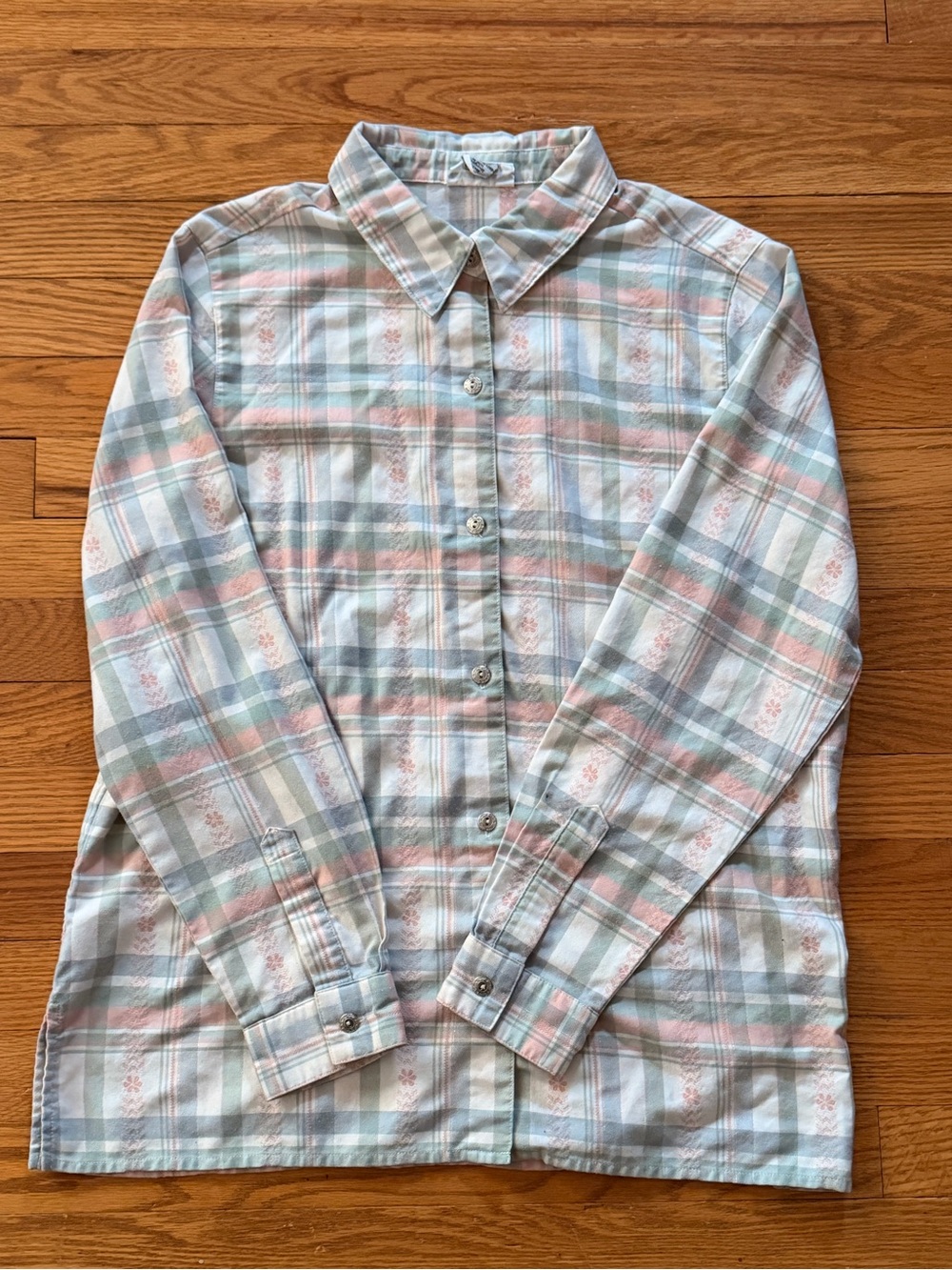 Pastel Plaid Button-Up Shirt with Floral Accent